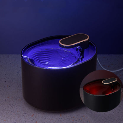 Automatic pet water fountain with blue illuminated water, and a smaller red illuminated version.