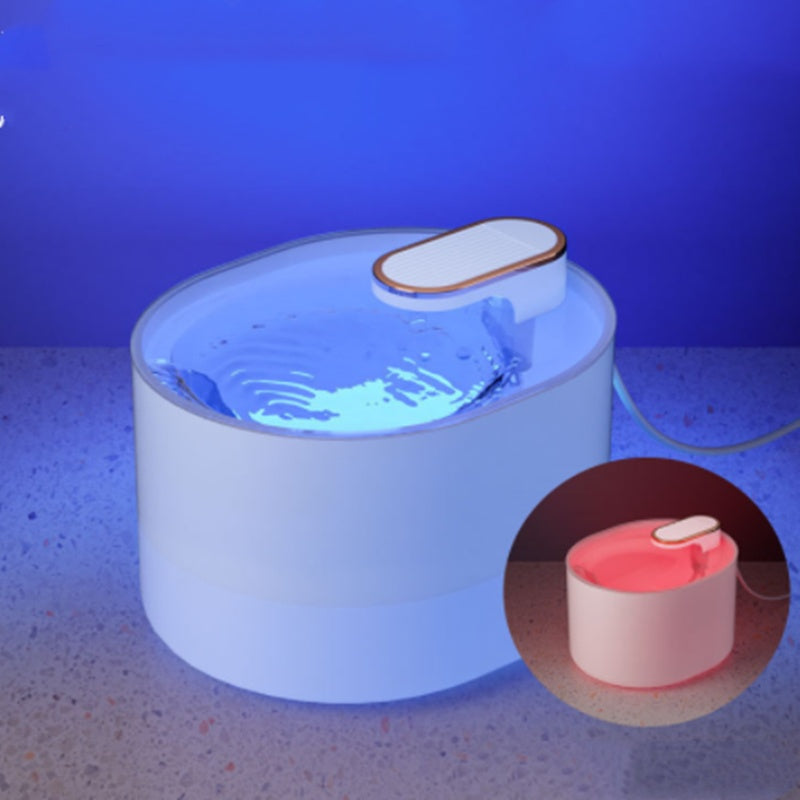 Automatic pet water fountain with blue illuminated water, shown with a pink variant inset.