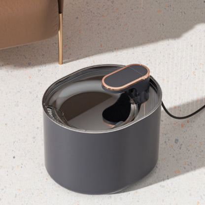 Automatic pet water fountain in dark gray with a clear top and copper accents.