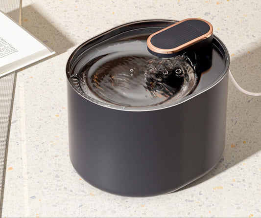 Automatic pet water fountain in dark gray with a copper-accented pump.